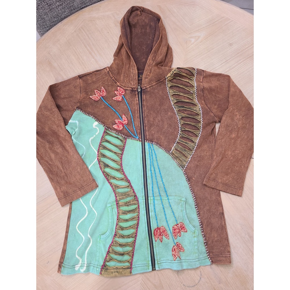 Rising International Hoodie Women XL Brown Teal Patchwork Zip Up Floral Boho XL